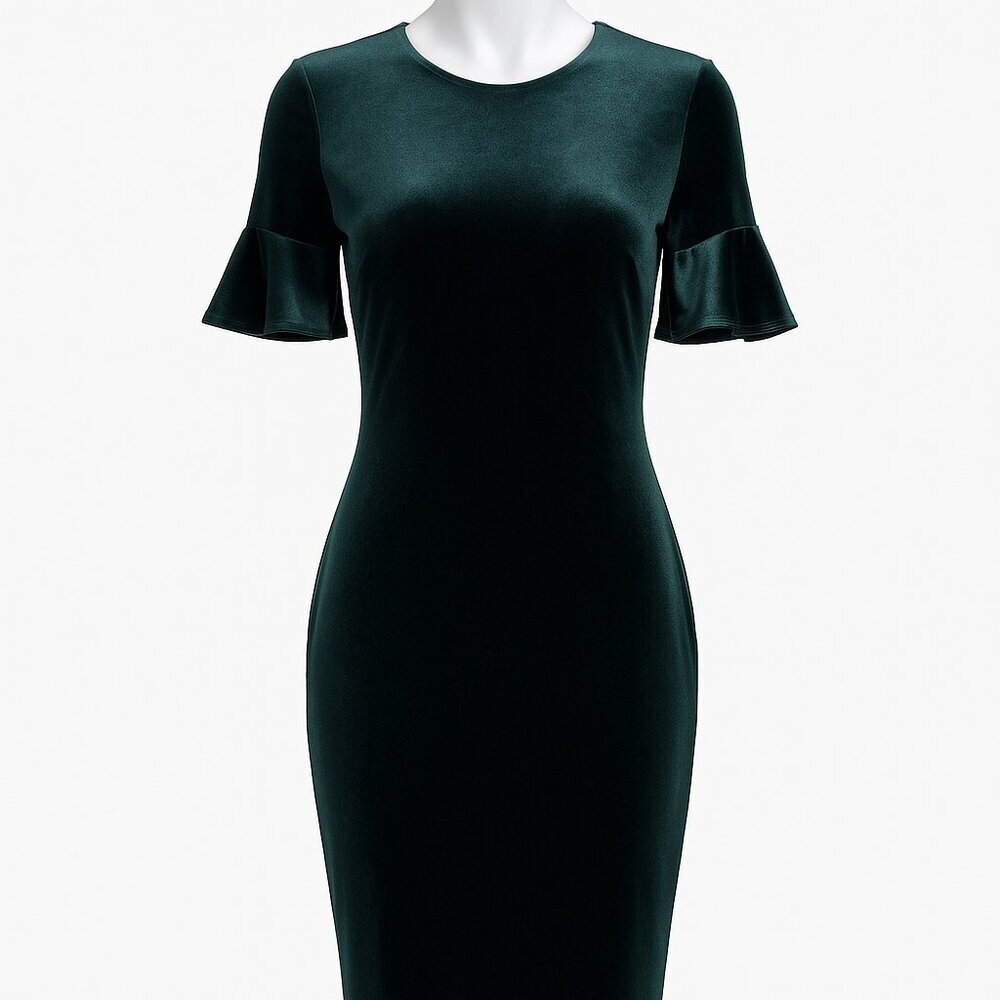 Calvin Klein Emerald Velvet Ruffle-Sleeve Bodycon Fit Dress –Size 8 Evening Chic